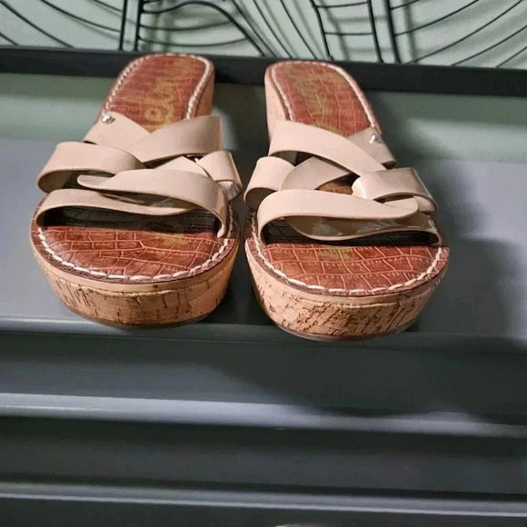 Sam Edelman |  Raynere Patent Cork Wedge Nude Slip On Sandals - Picture 5 of 16